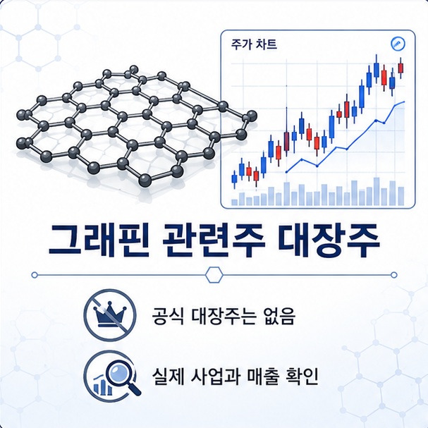 그래핀의 벌집 모양 탄소 구조와 주식 차트를 함께 표현해 그래핀 관련주 대장주는 공식적으로 정해진 종목이 아니며 실제 사업과 매출을 확인해야 함을 보여 주는 그림