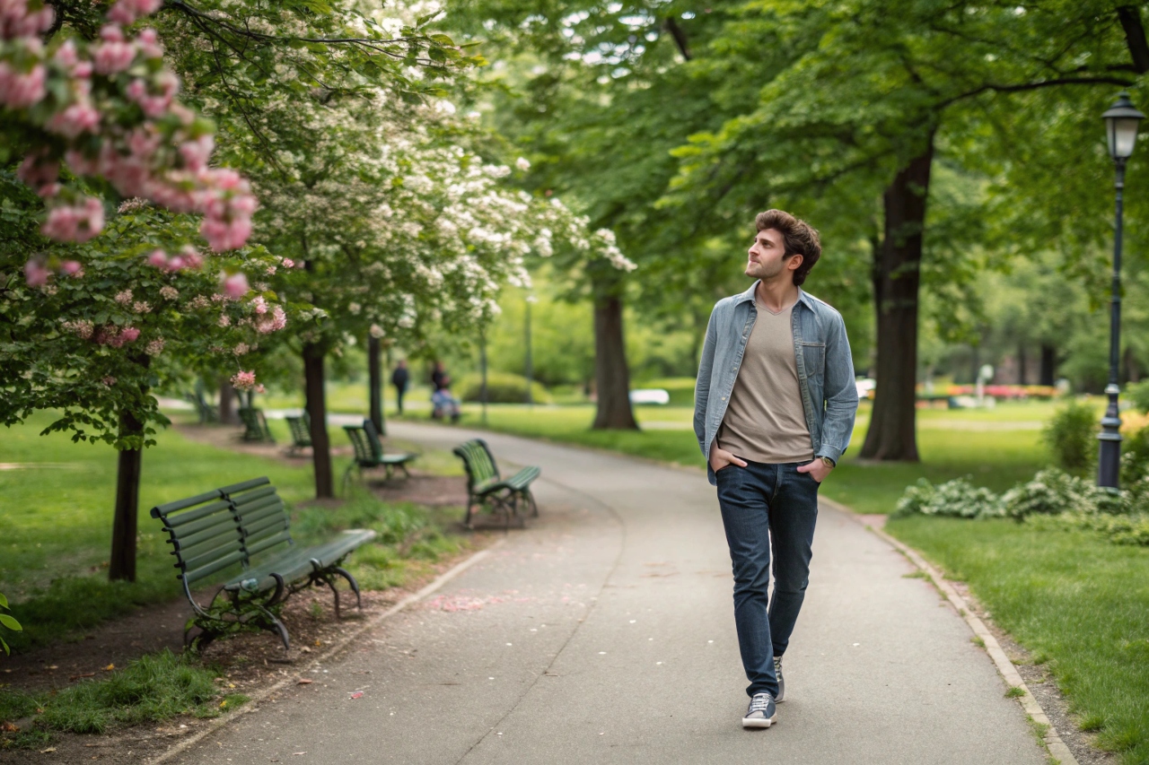 공원을 산책하고 있는 남성