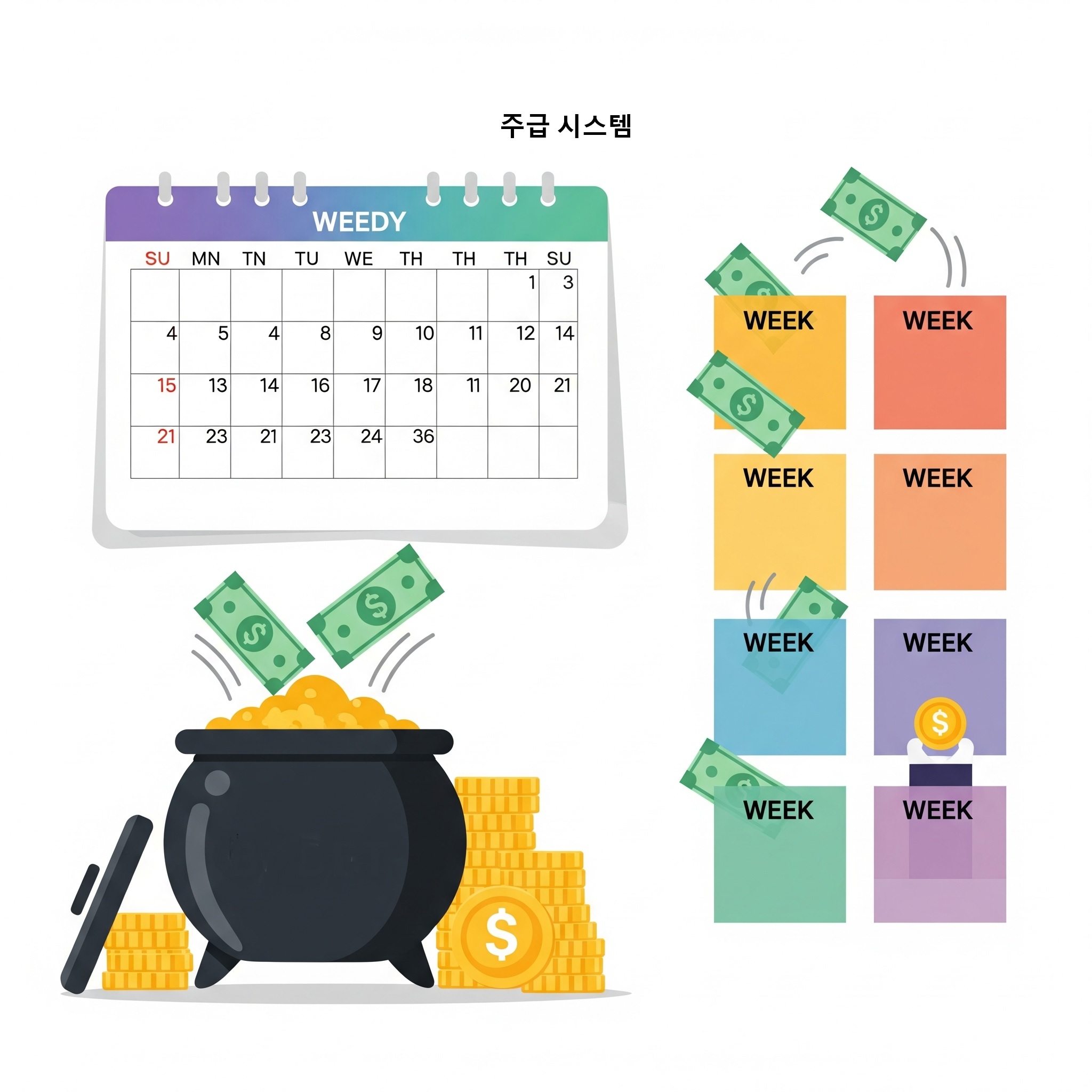 달력의 매주 월요일마다 돈이 입금되는 것을 보여주는 이미지