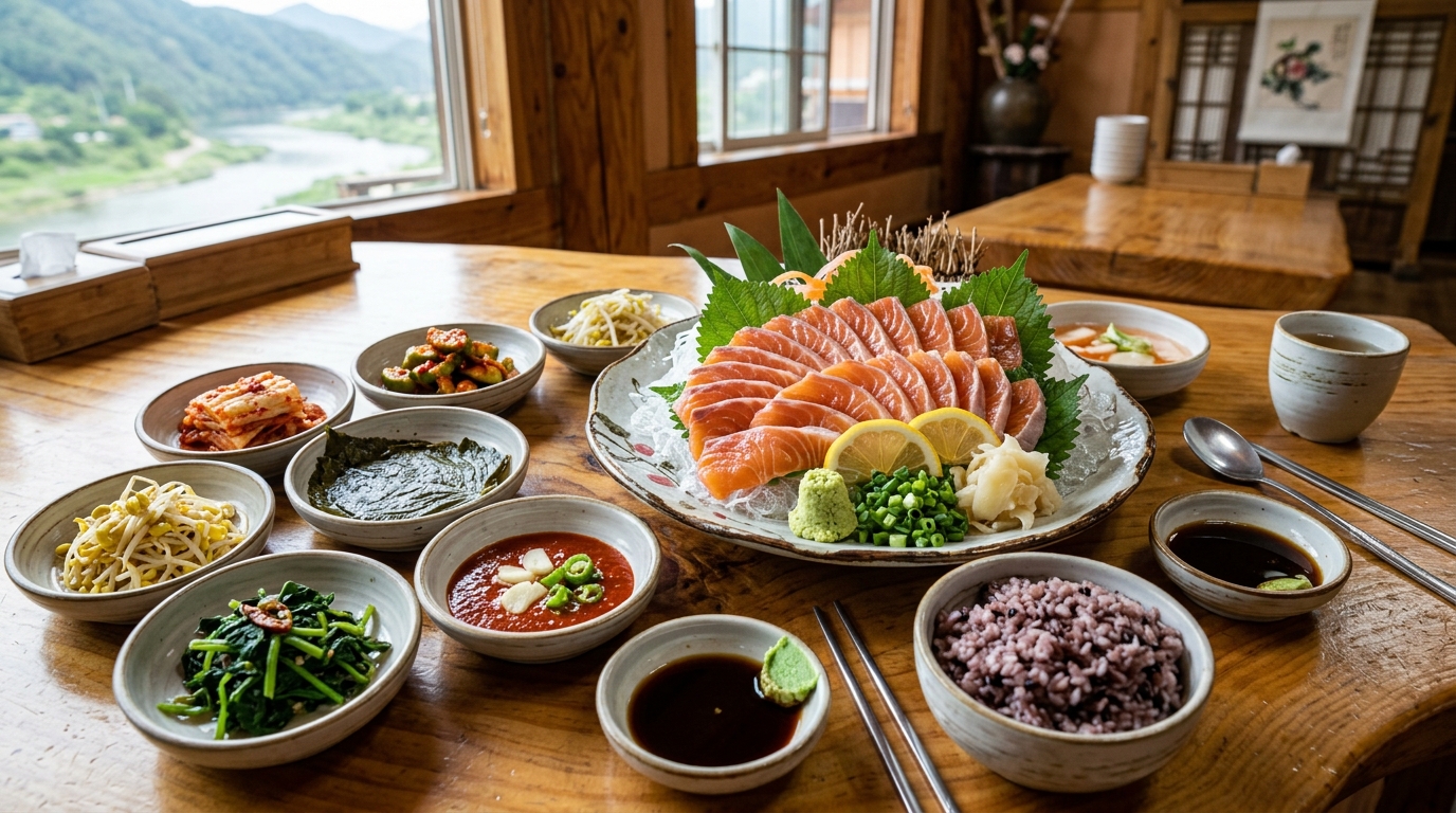 영월의 맑은 물에서 자란 신선한 송어 비빔회와 로컬 밑반찬 상차림