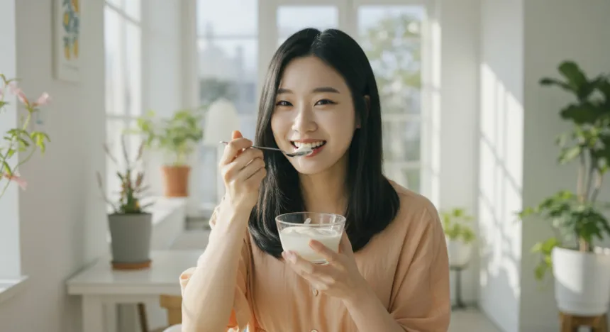 그릭요거트를 먹는 여자 이미지