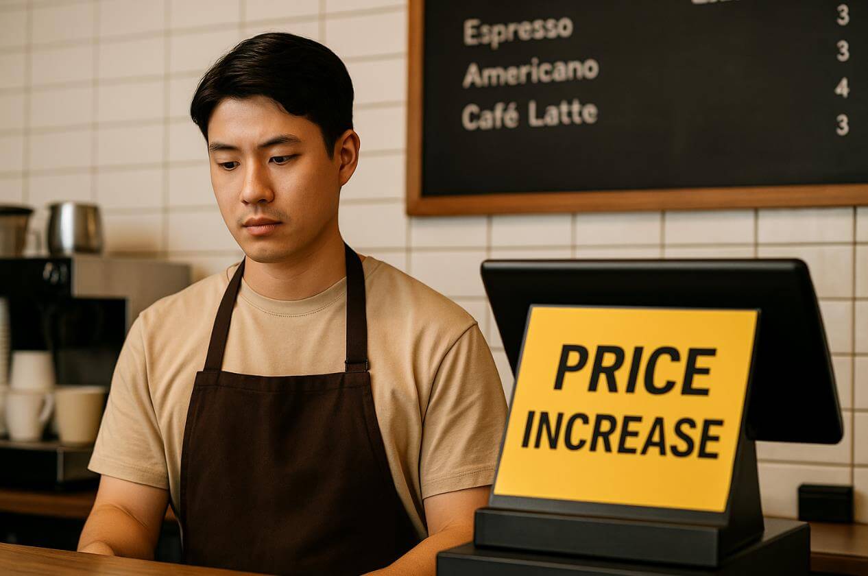 카페 직원이 가격 인상 안내판 앞에서 걱정스러운 표정을 짓는 모습.