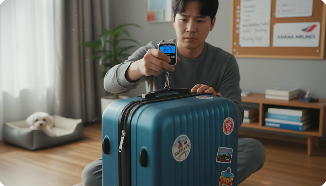 휴대용 측정기로 위탁 수하물 무게를 측정하고 있다.