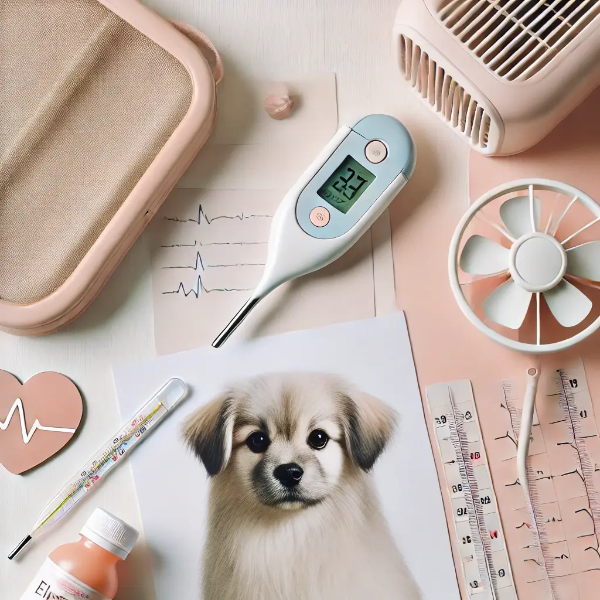 백색 배경 위에 반려견용 체온계, 휴대용 선풍기, 전해질 음료, 호흡수 차트가 정돈된 구성