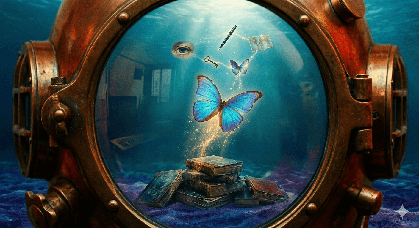 심해 속 잠수종의 유리창 너머로 영화 잠수종과 나비의 주제인 육체의 감옥과 영혼의 자유가 대비되며, 갇힌 주인공의 눈과 좁은 방 위로 푸른 나비가 찬란하게 날아오르며, 무거운 현실을 뚫고 무한한 정신의 세계로 나아가는 모습을 초현실적으로 담아낸 이미지