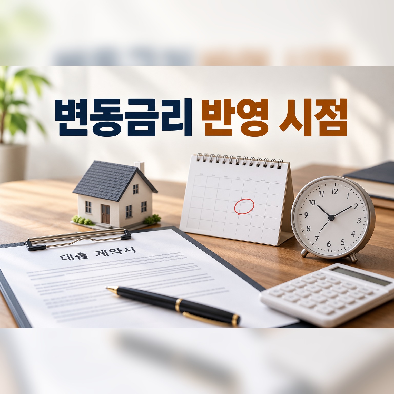 대출 계약서와 달력, 시계를 통해 변동금리 재산정 시점을 표현한 금융 생활 장면