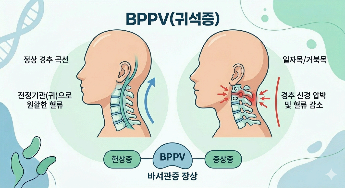 정상 경추 C자 곡선 vs 일자목 거북목 목뼈 정렬 및 전정기관 귀 혈류 신경 압박 비교 이석증 상관관계 인포그래픽