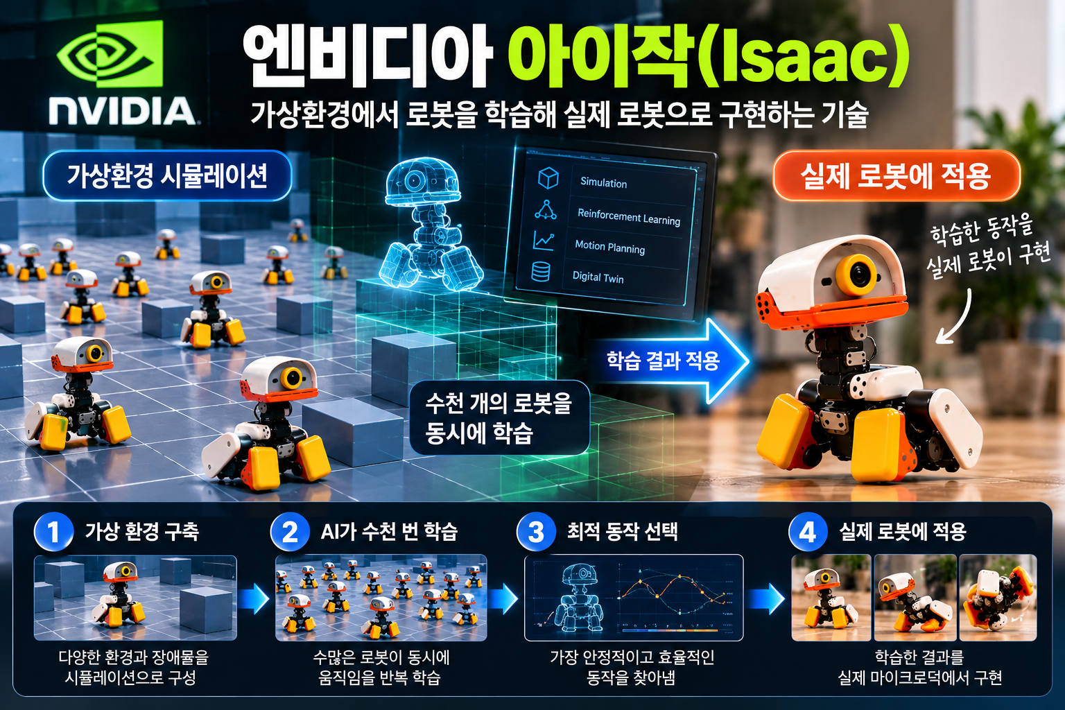 엔비디아 아이작 AI 로봇 학습 플랫폼 가상환경 시뮬레이션과 실제 마이크로덕 적용 과정