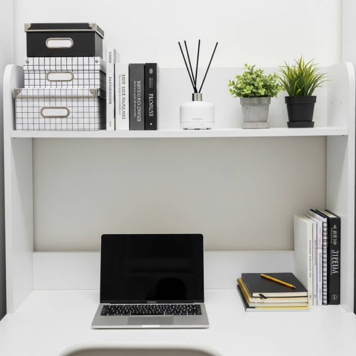 화이트 톤 기숙사 책상 위 수납 박스와 인테리어 소품 정리