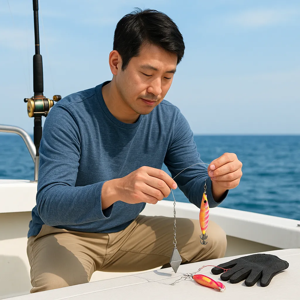 배 위에서 문어낚시 채비를 준비하는 남성