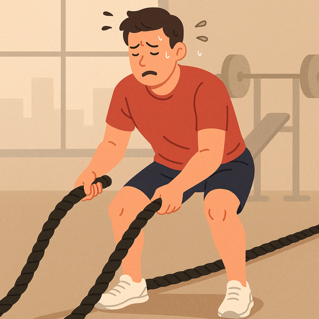 공복 상태에서 격렬하게 운동하는 남성의 일러스트로 저혈당 위험을 표현한 이미지