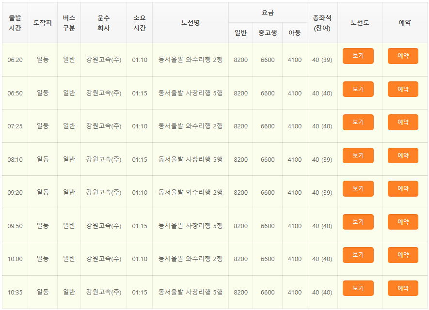 동서울 출발, 일동, 이동, 와수리, 사창리 버스 시간표