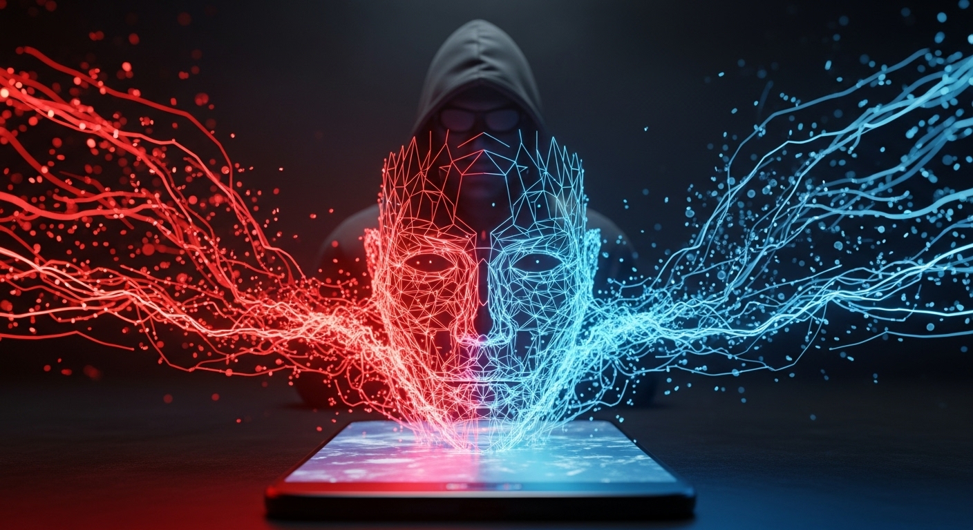 스마트폰에서 흘러나온 데이터 조각들이 가짜 사람 얼굴 가면을 형성하는 모습, AI 딥페이크 신원 도용과 해킹 위협 개념도