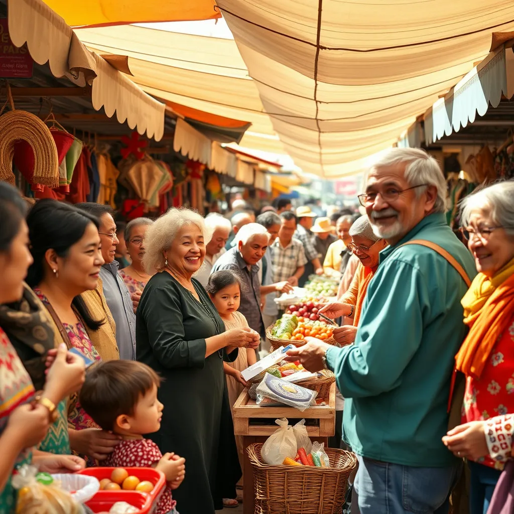 다양한 연령대의 사람들이 함께 전통시장에서 즐겁게 장을 보고, 소상공인들이 활기찬 모습으로 일하는 행복한 장면입니다. 소비자와 소상공인 모두가 혜택을 받으며 상생하는 모습을 담아 따뜻한 분위기를 연출합니다.