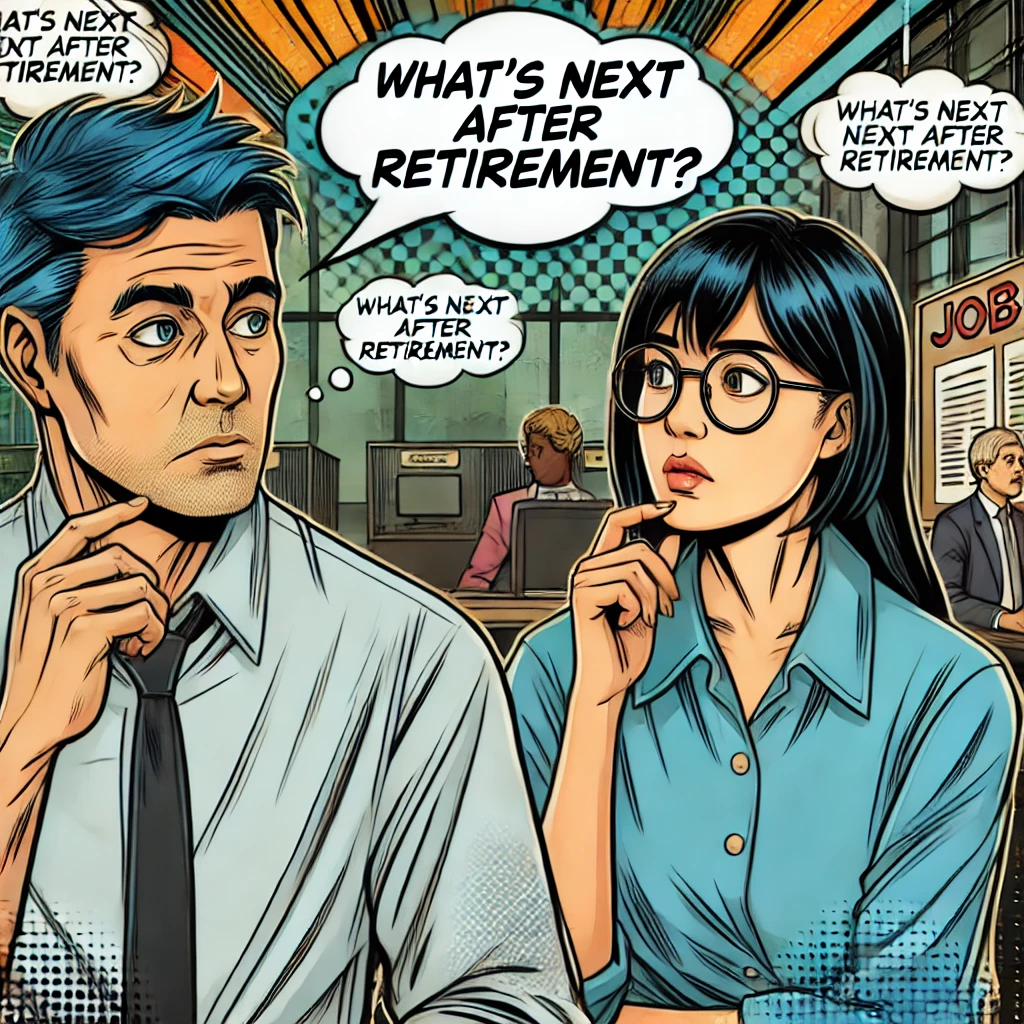 중장년층의 남성과 여성이 커리어 옵션에 대해 걱정하며 토론하고 있음