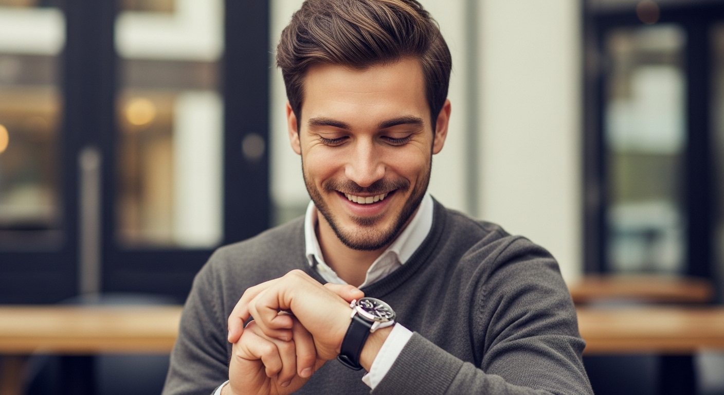 세련된 캐주얼 복장을 한 20대 남성이 손목의 시계를 확인하며 미소 짓는 모습. 시계는 그의 젊고 활동적인 분위기에 잘 어울리는 명품 시계입니다.