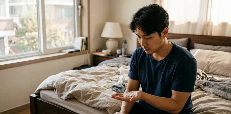 오라팡 같은 대장내시경 알약 여러 개를 손바닥에 올려놓고 물끄러미 보는 모습