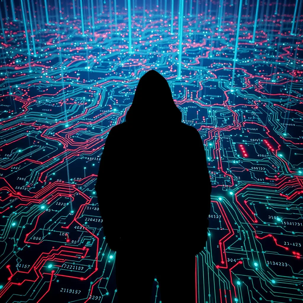 수많은 데이터가 오가는 현대 사회를 배경으로, 그 틈새로 해킹을 상징하는 그림자나 검은 형체가 스며드는 모습을 표현합니다. 이는 편리함 뒤에 숨겨진 위험을 암시합니다.