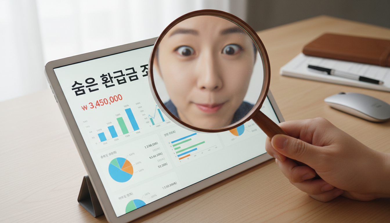 확대경으로 태블릿 화면의 '숨은 환급금 조회' 페이지를 꼼꼼히 살펴보는 모습, 재정적 발견을 암시.