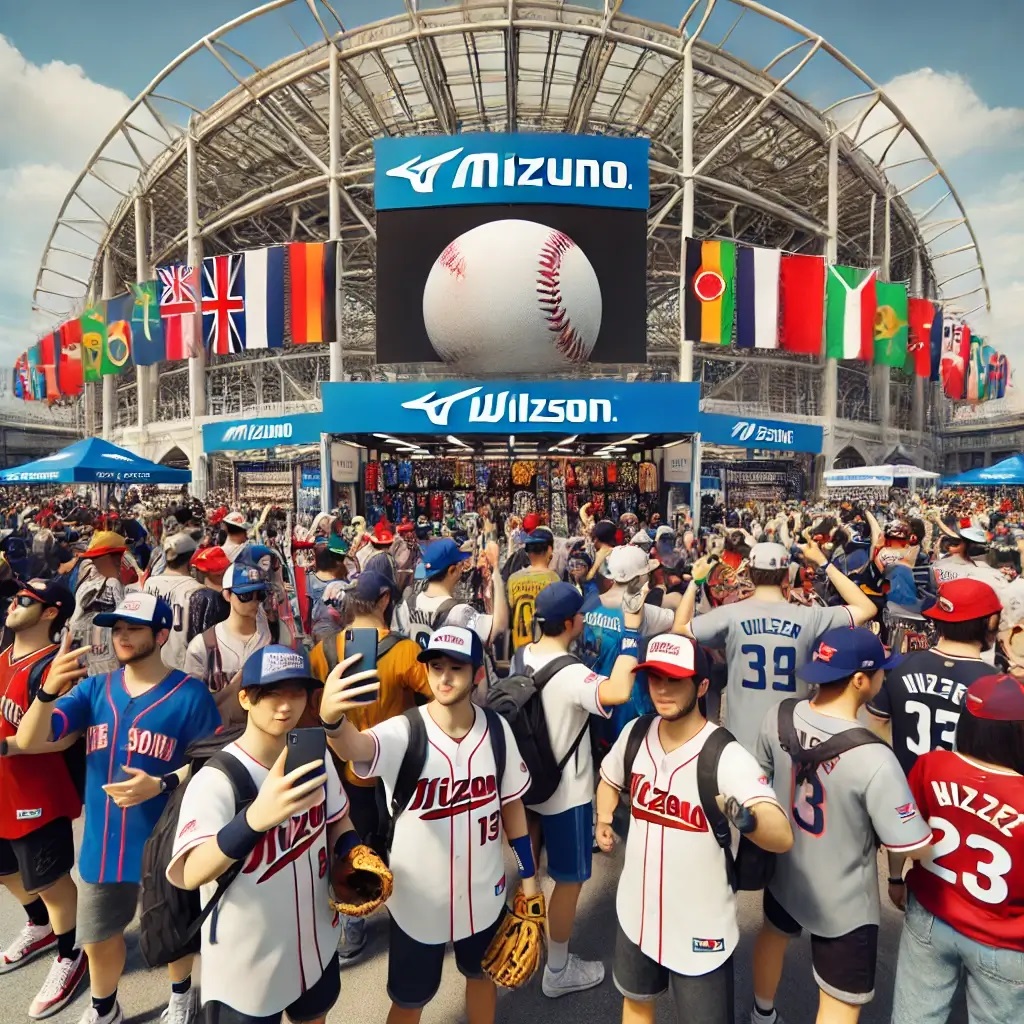글로벌 야구 팬들이 국제 경기장에서 브랜드별 장비를 들고 축제처럼 즐기는 장면