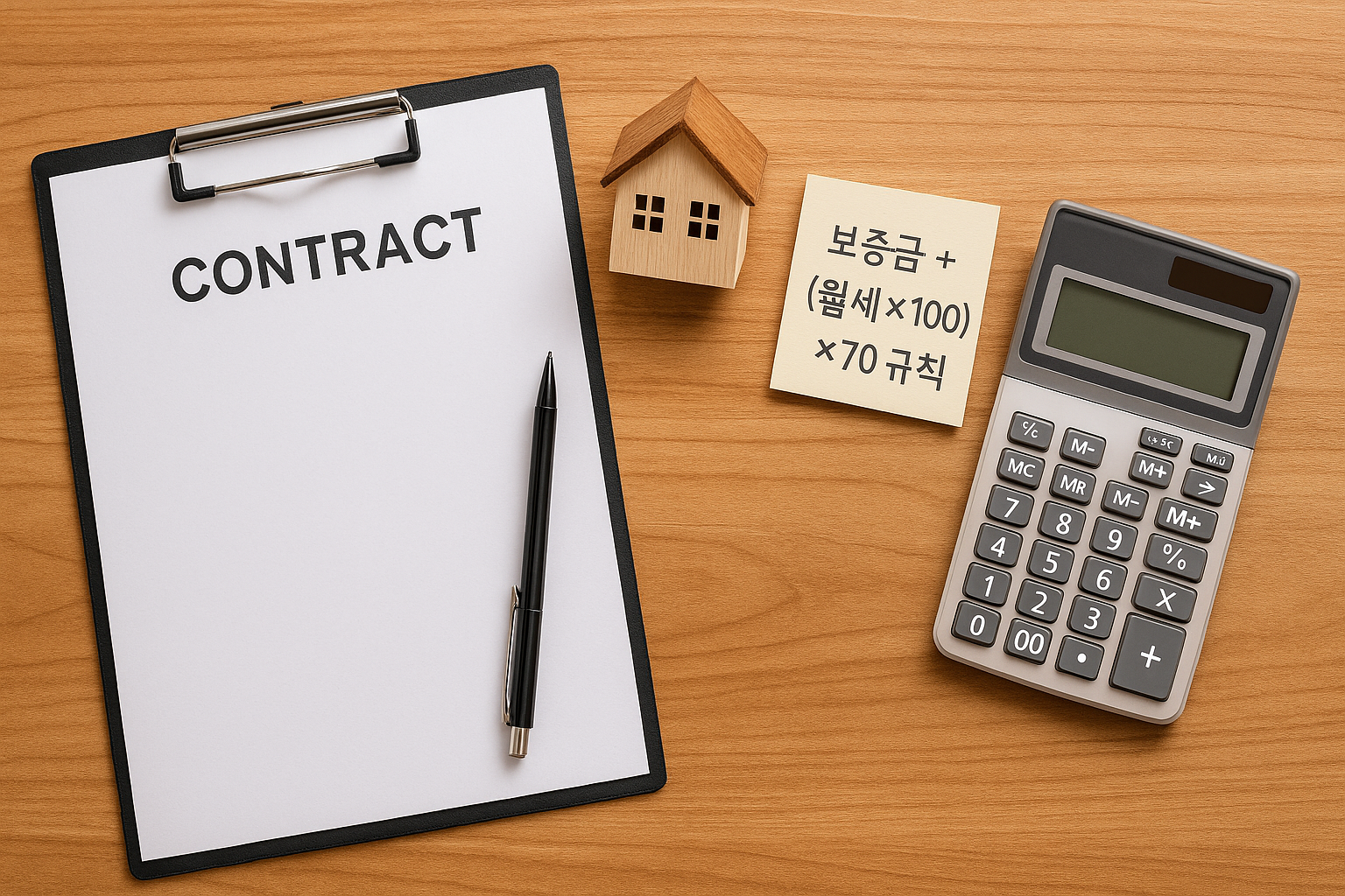 계약서 클립보드, 집 모형, 계산기, ‘보증금+(월세×100)×70 규칙’ 메모가 놓인 책상 — 중개보수 계산을 설명하는 사진