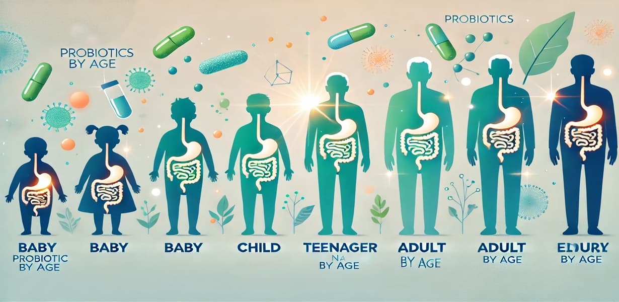 아기, 어린이, 성인, 노인을 나타내는 실루엣과 함께 장 건강을 표현한 연령대별 프로바이오틱스 복용 가이드 이미지