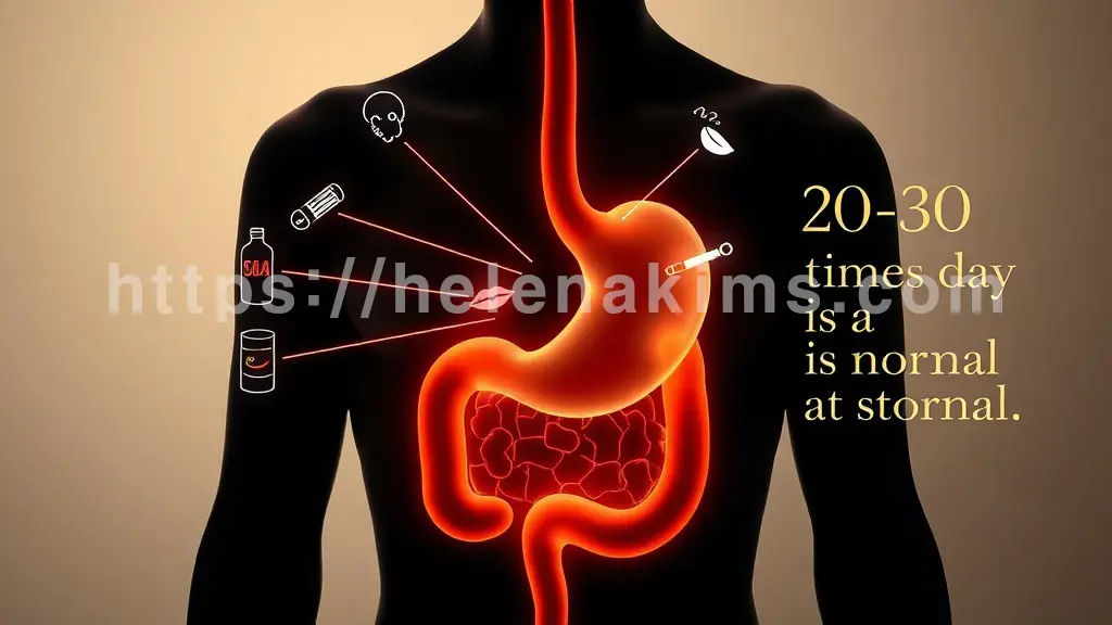 중앙에 인체의 상체 위장 해부도 모습, 위장 주변으로는 탄산음료 병, 음식을 빨리 먹는 입 모양, 대화 중인 사람의 입술, 빨대, 껌, 담배 등을 상징하는 아이콘들이 배치되어 위장으로 공기가 유입되는 경로를 연결한 이미지.