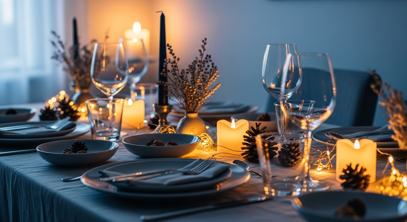 따뜻한 조명과 겨울 소품으로 꾸며진 유럽 감성 홈파티 테이블 세팅 전경