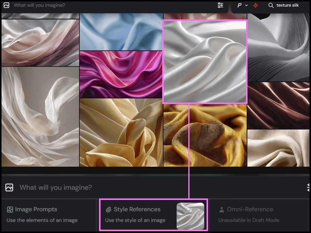 sref 이미지 드롭다운 적용 예시 스크린샷 Midjourney