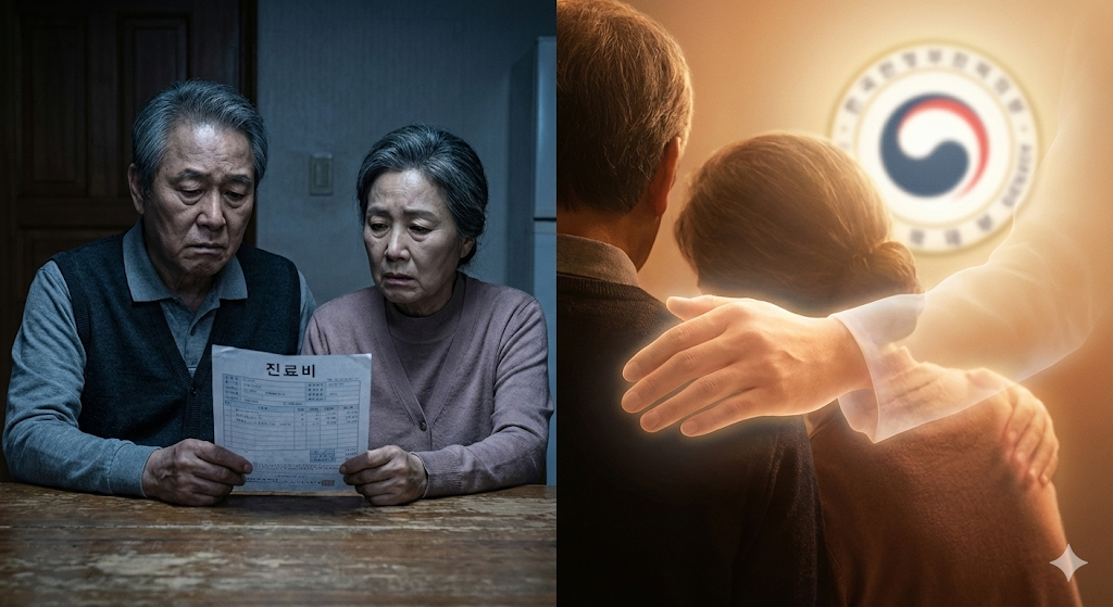 걱정스러운 표정의 노부부와 그들을 감싸주는 따뜻한 손(국가의 보호) 이미지