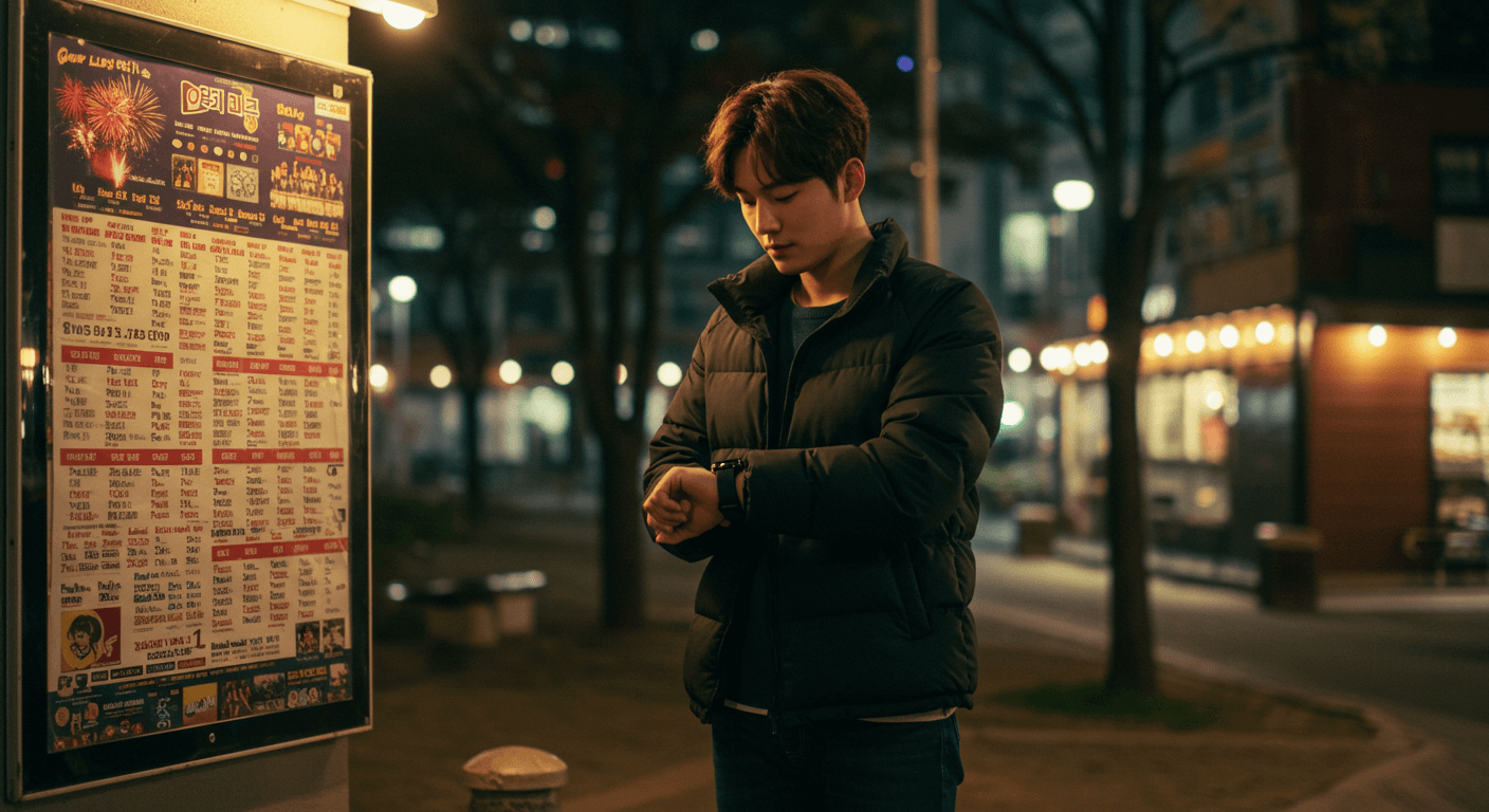스마트워치와 불꽃축제 시간표를 확인하는 장면 3