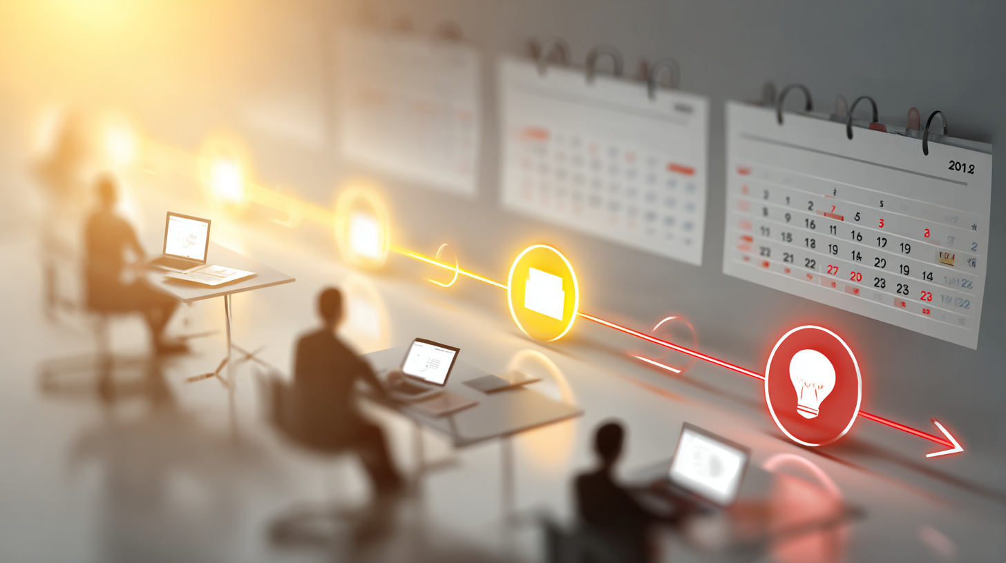 왼쪽에는 밝게 빛나는 원이 시작점을 나타내고, 오른쪽에는 붉게 강조된 원이 마감점을 상징한다