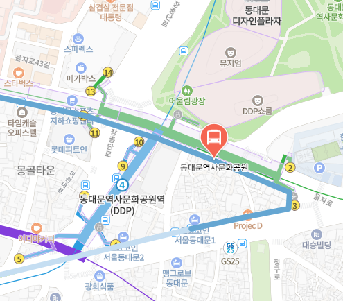 동대문역사문화공원에서 인천공항 리무진 공항버스(6001번) 지도 위치