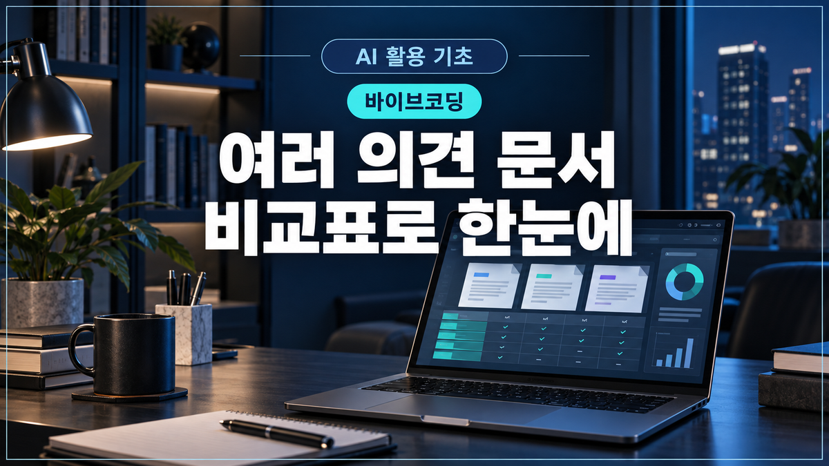 대표 이미지: 여러 의견 문서를 비교표로 정리하는 바이브코딩 작업 환경