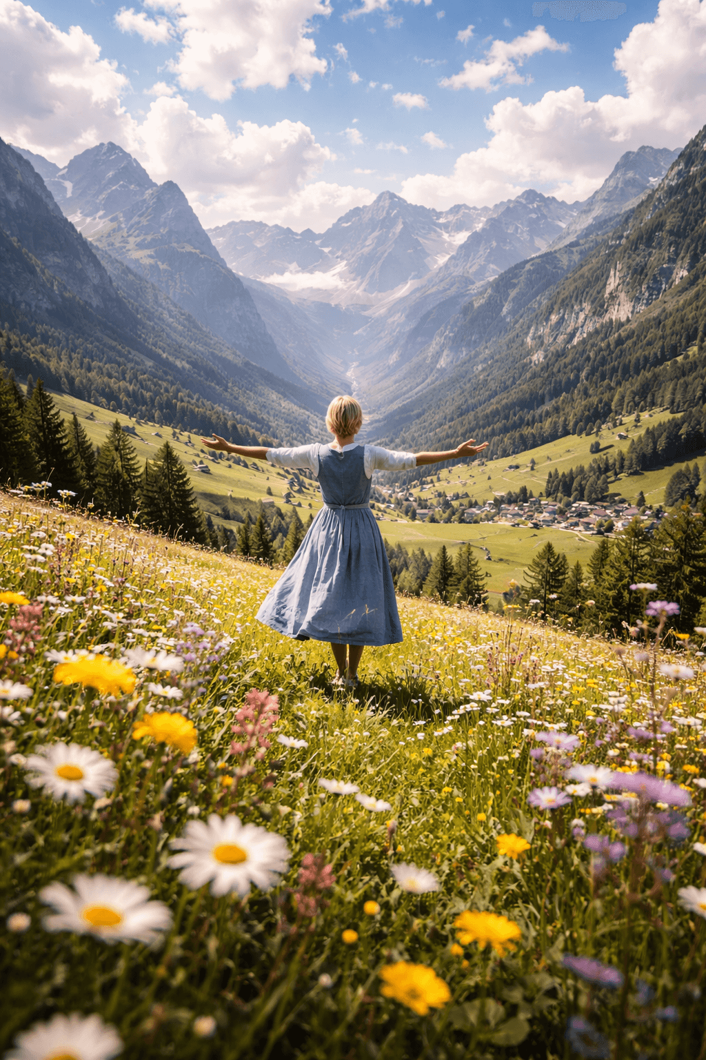 푸른 산과 넓은 초원을 배경으로 따뜻한 분위기를 떠올리게 하는 AI이미지입니다.