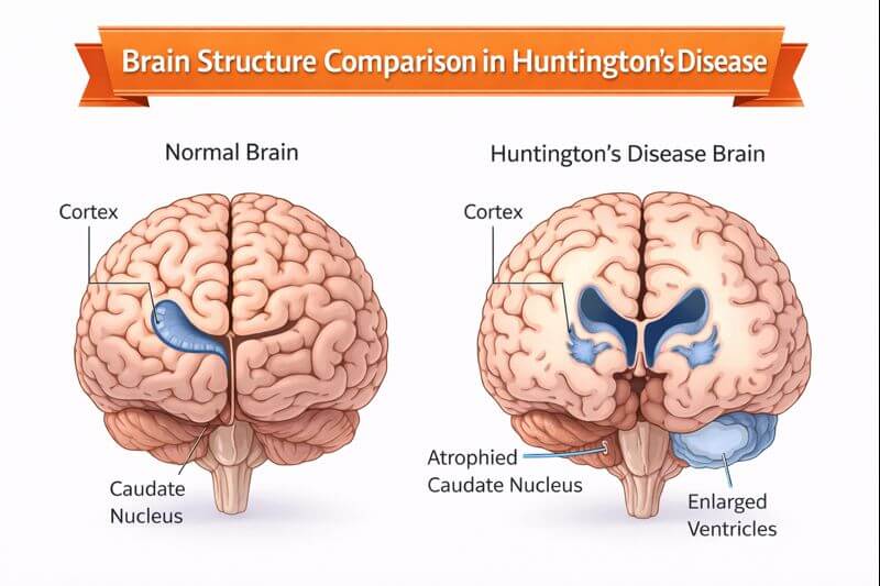 헌팅턴병 환자의 뇌 구조 비교 이미지 (정상 뇌 vs 헌팅턴병 뇌)