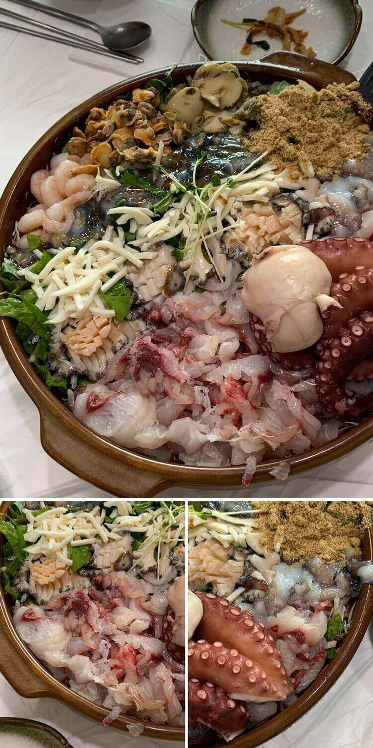 회&#44; 전복&#44; 문어&#44; 낙지 등 한가득 해산물이 들어가 있는 모습