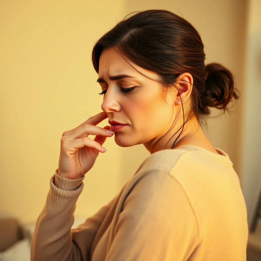 여성이 평소보다 더 쉽게 피로감을 느끼거나, 가슴 중앙이 아닌 등이나 턱 통증을 호소하는 듯한 은유적인 이미지. 예를 들어, 여성이 어딘가 불편한 표정으로 턱이나 등을 문지르는 모습.