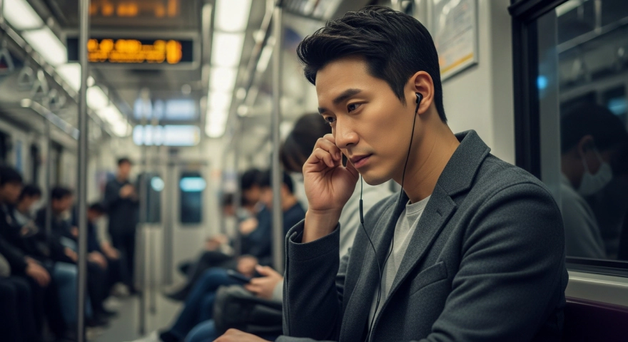 지하철에서 이어폰을 빼는 20대 남성