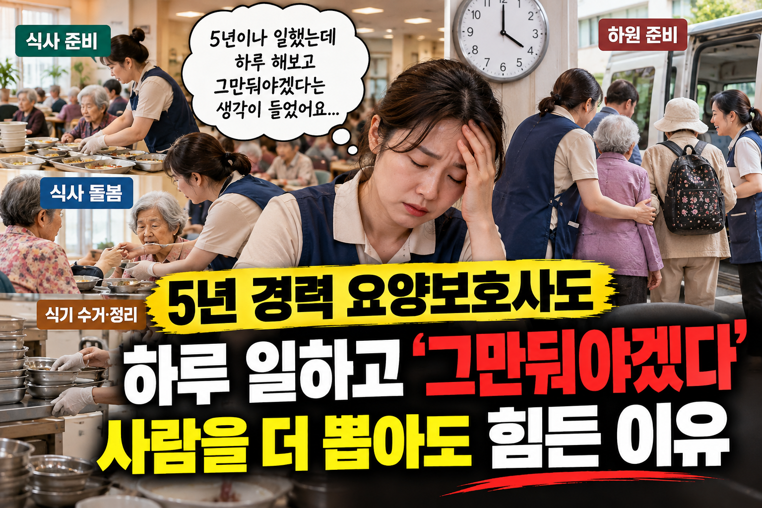 주야간보호센터에서 식사 돌봄과 하원 준비가 겹쳐 힘들어하는 요양보호사의 모습을 표현한 이미지