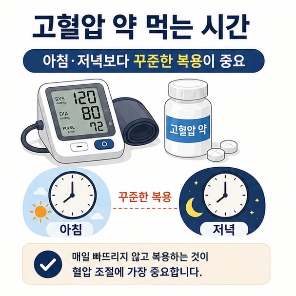 혈압계와 아침&middot;저녁 시계를 이용해 고혈압 약은 특정 시간보다 처방에 따라 꾸준히 복용하는 것이 중요함을 설명한 이미지
