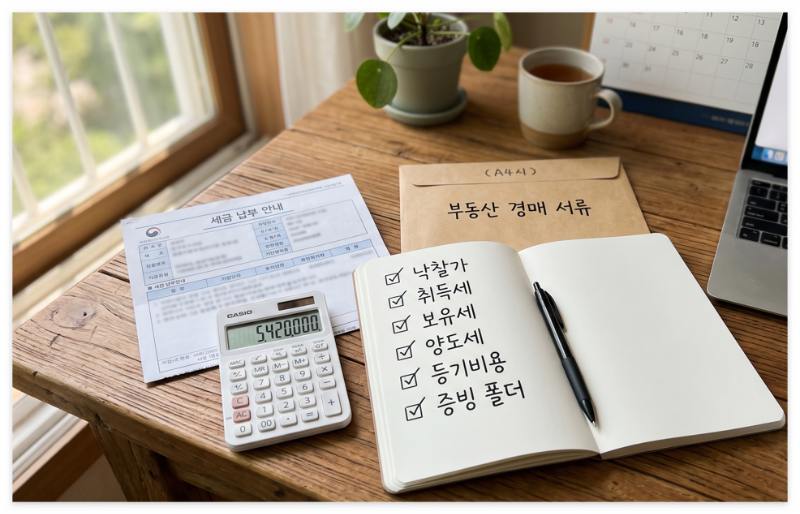 부동산 경매 세금 계산 체크리스트와 취득세 보유세 양도세 메모 사진