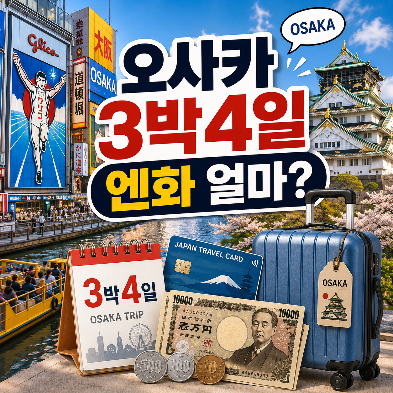 오사카 3박4일 여행에서 필요한 엔화 현금과 카드 준비 방법을 보여주는 이미지