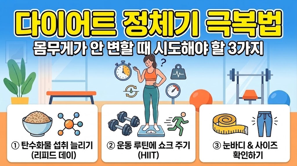 다이어트 정체기 극복법을 설명하는 인포그래픽 썸네일로, 체중계 위의 여성과 리피드 데이, HIIT 운동, 눈바디 체크 아이콘이 포함된 이미지