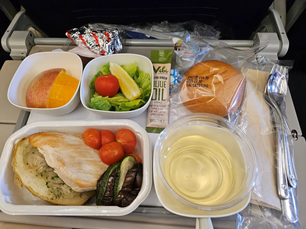 대한항공-저염식-특별 기내식-밥-닭고기-야채-과일-빵-샐러드-화이트와인