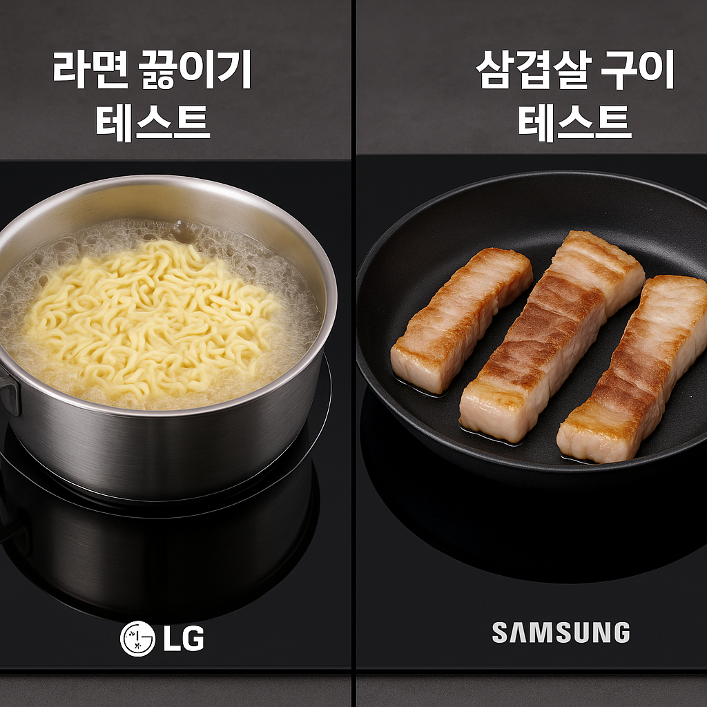 LG 인덕션의 라면 끓이기 테스트와 삼성 인덕션의 삼겹살 구이 테스트 비교 — LG는 빠른 끓음, 삼성은 균일한 구워짐으로 평가