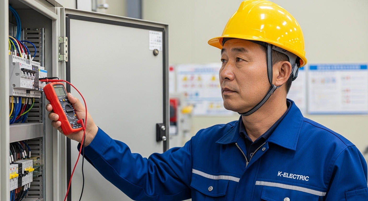 전기기능사 복장을 갖춘 50대 남성이 공장에서 전기 설비를 점검하는 모습