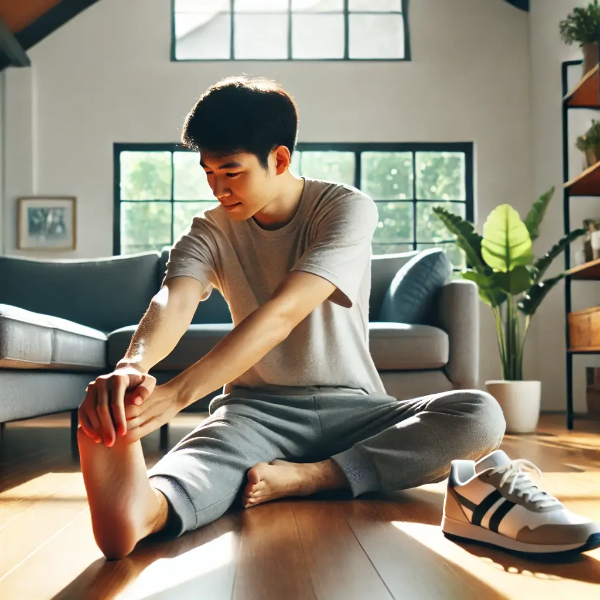 손목과 발목 스트레칭을 하는 젊은 아시아 남성