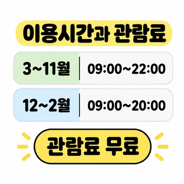 3월부터 11월은 9시부터 22시, 12월부터 2월은 9시부터 20시 운영하며 관람료가 무료임을 알리는 이미지