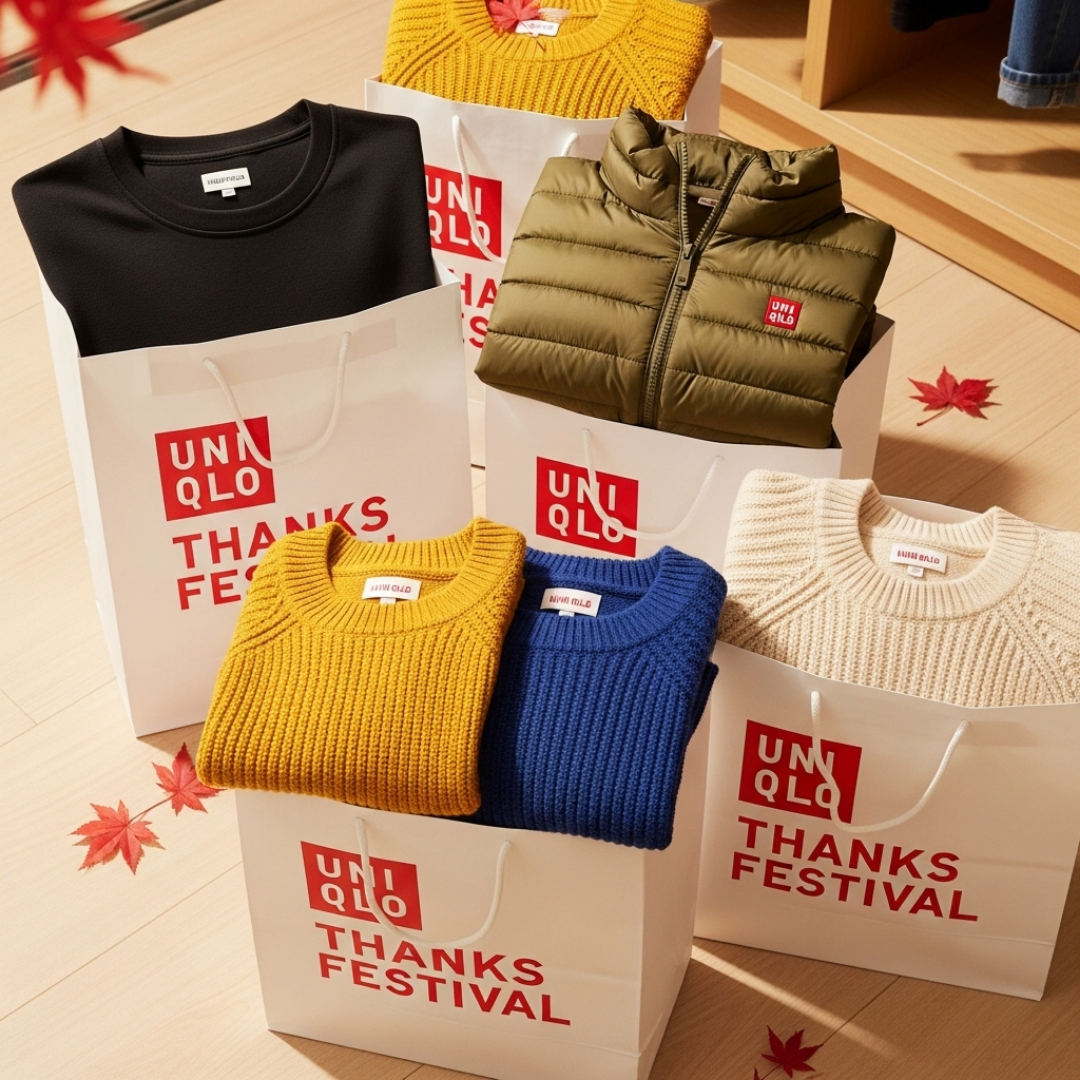 붉은색 유니클로 감사제 로고와 히트텍, 경량 패딩이 보이는 쇼핑백 이미지]